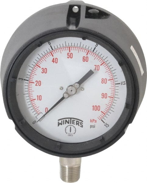 Winters - 4-1/2" Dial, 1/2 Thread, 0-15 Scale Range, Pressure Gauge - Lower Connection Mount, Accurate to 0.5% of Scale - Exact Tooling