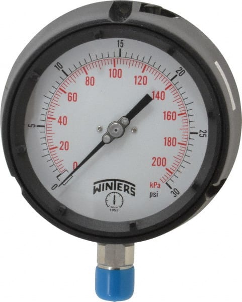 Winters - 4-1/2" Dial, 1/2 Thread, 0-30 Scale Range, Pressure Gauge - Lower Connection Mount, Accurate to 0.5% of Scale - Exact Tooling