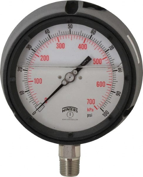 Winters - 4-1/2" Dial, 1/2 Thread, 0-100 Scale Range, Pressure Gauge - Lower Connection Mount, Accurate to 0.5% of Scale - Exact Tooling