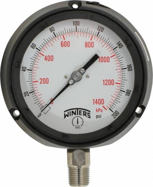 Winters - 4-1/2" Dial, 1/2 Thread, 0-200 Scale Range, Pressure Gauge - Lower Connection Mount, Accurate to 0.5% of Scale - Exact Tooling