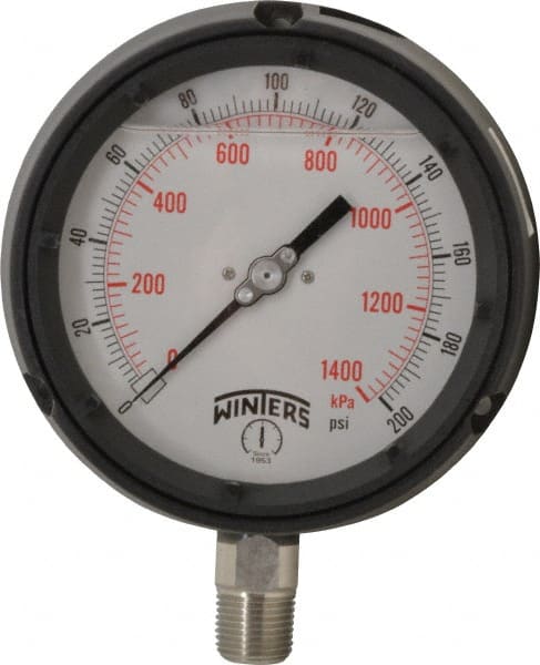 Winters - 4-1/2" Dial, 1/2 Thread, 0-200 Scale Range, Pressure Gauge - Lower Connection Mount, Accurate to 0.5% of Scale - Exact Tooling