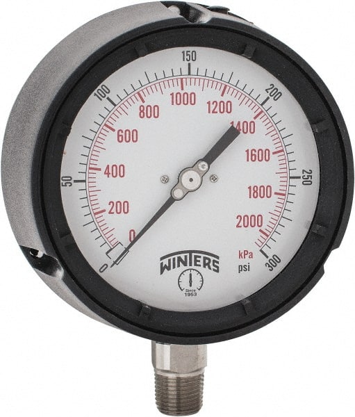 Winters - 4-1/2" Dial, 1/2 Thread, 0-300 Scale Range, Pressure Gauge - Lower Connection Mount, Accurate to 0.5% of Scale - Exact Tooling