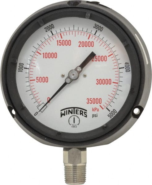 Winters - 4-1/2" Dial, 1/2 Thread, 0-5,000 Scale Range, Pressure Gauge - Lower Connection Mount, Accurate to 0.5% of Scale - Exact Tooling