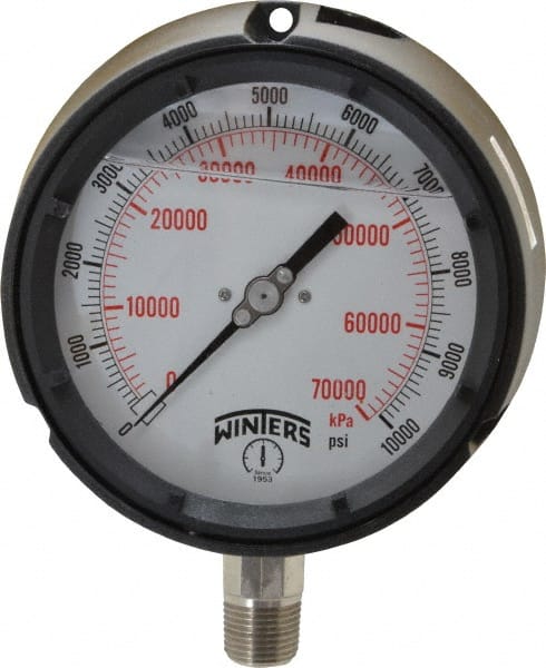 Winters - 4-1/2" Dial, 1/2 Thread, 0-10,000 Scale Range, Pressure Gauge - Lower Connection Mount, Accurate to 0.5% of Scale - Exact Tooling