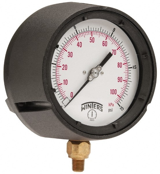Winters - 4-1/2" Dial, 1/4 Thread, 0-15 Scale Range, Pressure Gauge - Lower Connection Mount, Accurate to 0.5% of Scale - Exact Tooling