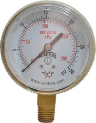 Winters - 1/4 Inch NPT, 22.5 Max psi, Brass Case Cylinder Pressure Gauge - 2-1/2 Inch Dial Diameter, 0 to 30 psi Display Range - Exact Tooling