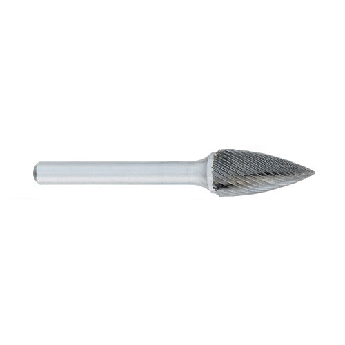 SM-1 -6mm × 12mm LOC × 6mm Shank × 50mm OAL Pointed Cone Carbide Medium Right Hand Spiral Burr - Exact Tooling