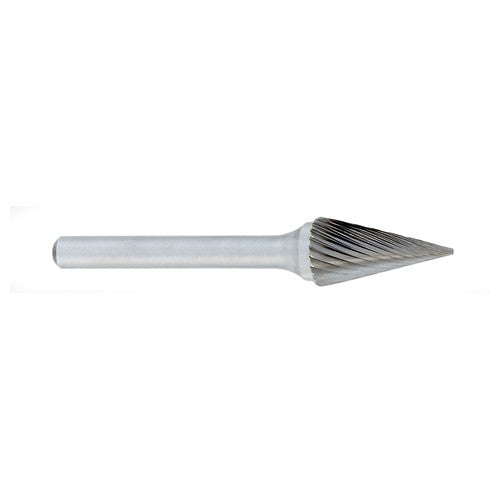 SM-1 -1/4 × 1/2 LOC × 1/4 Shank × 2 OAL Pointed Tree Carbide Medium Right Hand Spiral Burr - Exact Tooling