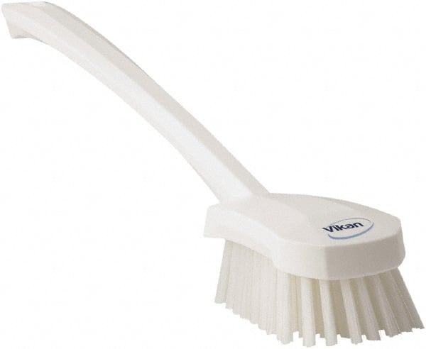 Vikan - 1.3" Bristle Length, Polyester Scrub Brush - 4" Long x 2-3/4" Wide Head, 15-3/4" OAL, White, Polypropylene Block - Exact Tooling