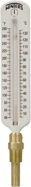 Winters - 40 to 280°F, Industrial Thermometer with Standard Thermowell - 1 Inch Immersion Length, 2 Inch Stem Length, 11 Inch Long, 1/2 Inch Thread - Exact Tooling