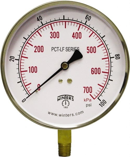 Winters - 4-1/2" Dial, 1/4 Thread, 0-100 Scale Range, Pressure Gauge - Lower Connection Mount, Accurate to 0.01% of Scale - Exact Tooling