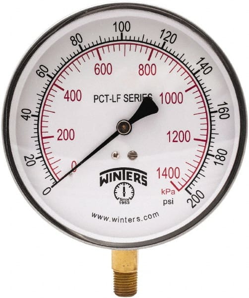 Winters - 4-1/2" Dial, 1/4 Thread, 0-200 Scale Range, Pressure Gauge - Lower Connection Mount, Accurate to 0.01% of Scale - Exact Tooling