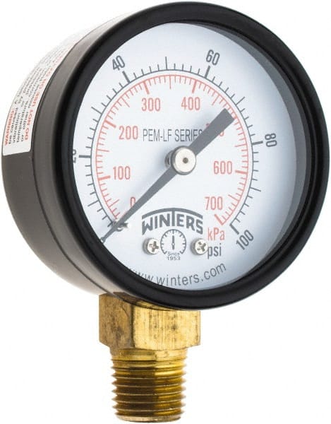 Winters - 2" Dial, 1/4 Thread, 0-100 Scale Range, Pressure Gauge - Lower Connection Mount, Accurate to 3-2-3% of Scale - Exact Tooling