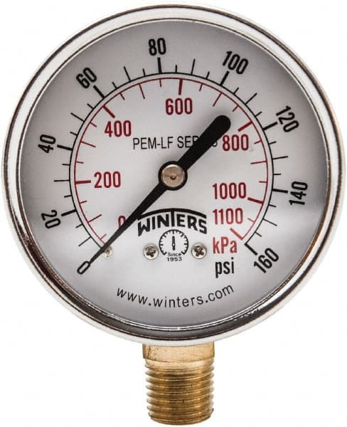 Winters - 2-1/2" Dial, 1/4 Thread, 0-160 Scale Range, Pressure Gauge - Lower Connection Mount, Accurate to 3-2-3% of Scale - Exact Tooling