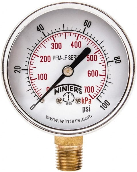 Winters - 2-1/2" Dial, 1/4 Thread, 0-100 Scale Range, Pressure Gauge - Lower Connection Mount, Accurate to 3-2-3% of Scale - Exact Tooling