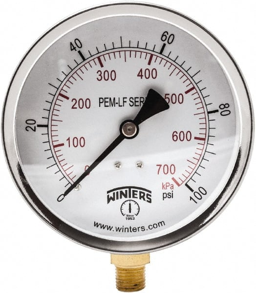 Winters - 4" Dial, 1/4 Thread, 0-100 Scale Range, Pressure Gauge - Lower Connection Mount, Accurate to 3-2-3% of Scale - Exact Tooling