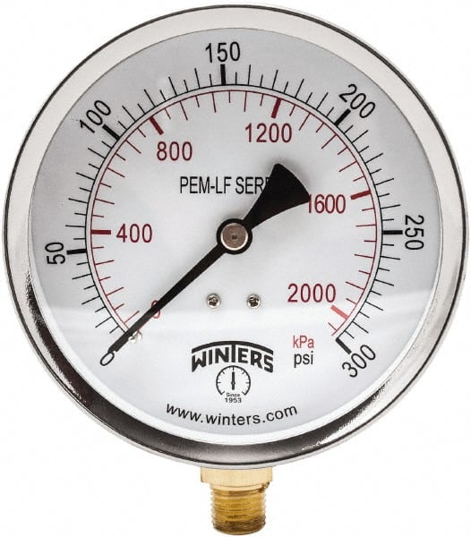 Winters - 4" Dial, 1/4 Thread, 0-300 Scale Range, Pressure Gauge - Lower Connection Mount, Accurate to 3-2-3% of Scale - Exact Tooling