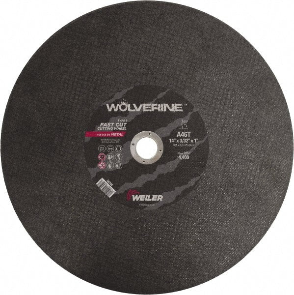 Weiler - 14" 46 Grit Aluminum Oxide Cutoff Wheel - 3/32" Thick, 1" Arbor, 4,400 Max RPM, Use with Chop Saws - Exact Tooling