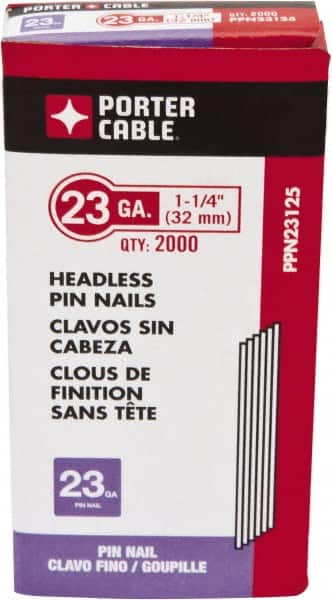 Porter-Cable - 23 Gauge 1-1/4" Long Pin Nails for Power Nailers - Steel, Galvanized Finish, Smooth Shank, Straight Stick Collation, Chisel Point - Exact Tooling