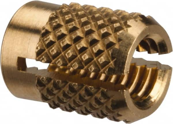 E-Z LOK - M4x0.70 Metric Coarse Brass Flush Press Fit Threaded Insert for Plastic - 5/16" OAL, 0.23" Insert Diam, 7/32" Hole Diam, 7/32" Drill - Exact Tooling