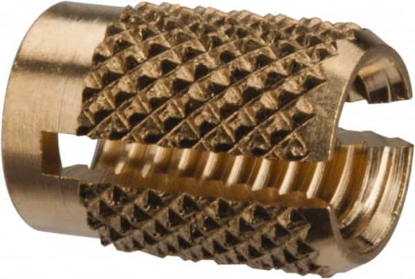 E-Z LOK - #10-24 UNC Brass Flush Press Fit Threaded Insert for Plastic - 0.357" OAL, 0.262" Insert Diam, 1/4" Hole Diam, 1/4" Drill - Exact Tooling