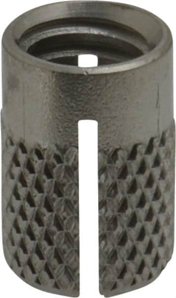 E-Z LOK - 5/16-18 UNC Grade 303 Stainless Steel Flush Press Fit Threaded Insert for Plastic - 9/16" OAL, 0.389" Insert Diam, 3/8" Hole Diam, 3/8" Drill - Exact Tooling