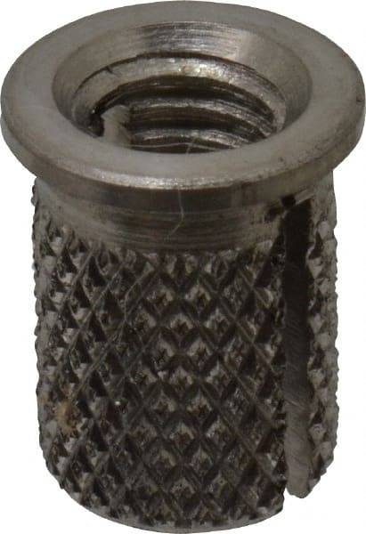E-Z LOK - #10-32 UNF Grade 303 Stainless Steel Flanged Press Fit Threaded Insert for Plastic - 3/8" OAL, 0.262" Insert Diam, 1/4" Hole Diam, 1/4" Drill - Exact Tooling