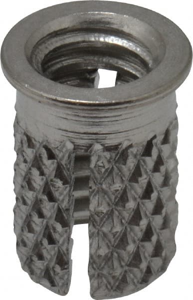 E-Z LOK - 1/4-20 UNC Grade 303 Stainless Steel Flanged Press Fit Threaded Insert for Plastic - 1/2" OAL, 0.326" Insert Diam, 5/16" Hole Diam, 5/16" Drill - Exact Tooling