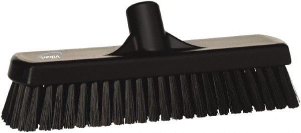 Vikan - 1.7" Bristle Length, Polyester Scrub Brush - 11-1/4" Long x 3" Wide Head, 12" OAL, European Threaded Handle, Black, Polypropylene Block - Exact Tooling