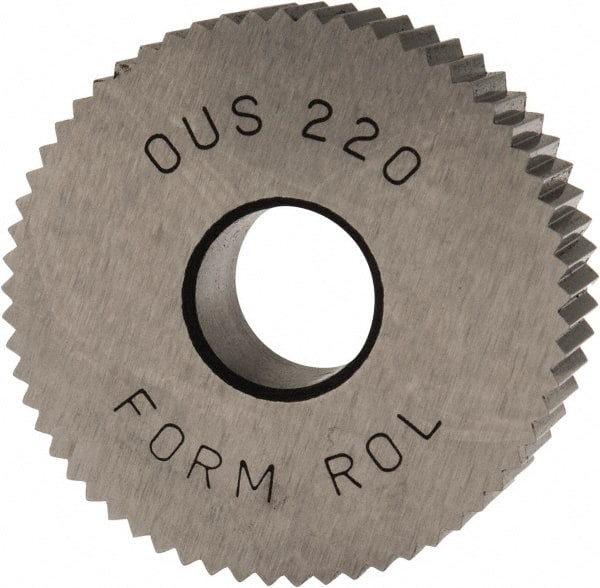 Made in USA - 1" Diam, 90° Tooth Angle, 20 TPI, Standard (Shape), Form Type High Speed Steel Straight Knurl Wheel - 3/8" Face Width, 5/16" Hole, Circular Pitch, Bright Finish, Series OU - Exact Tooling