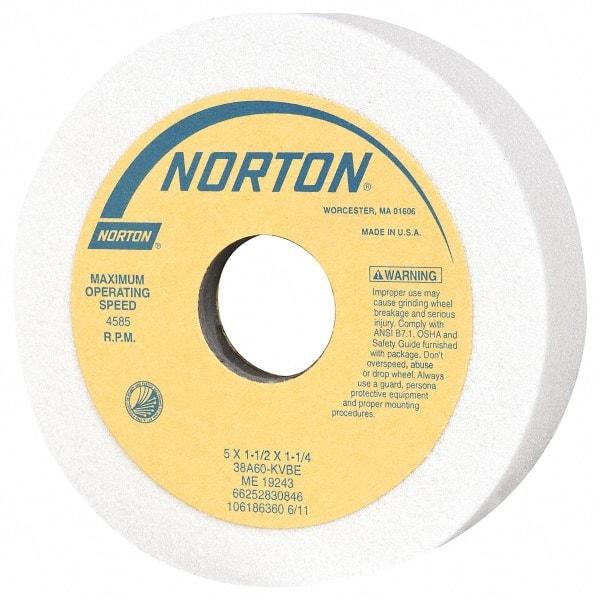 Norton - 5" Diam, 1-1/4" Hole Size, 1-1/2" Overall Thickness, 60 Grit, Type 6 Tool & Cutter Grinding Wheel - Medium Grade, Aluminum Oxide, K Hardness, Vitrified Bond, 4,585 RPM - Exact Tooling