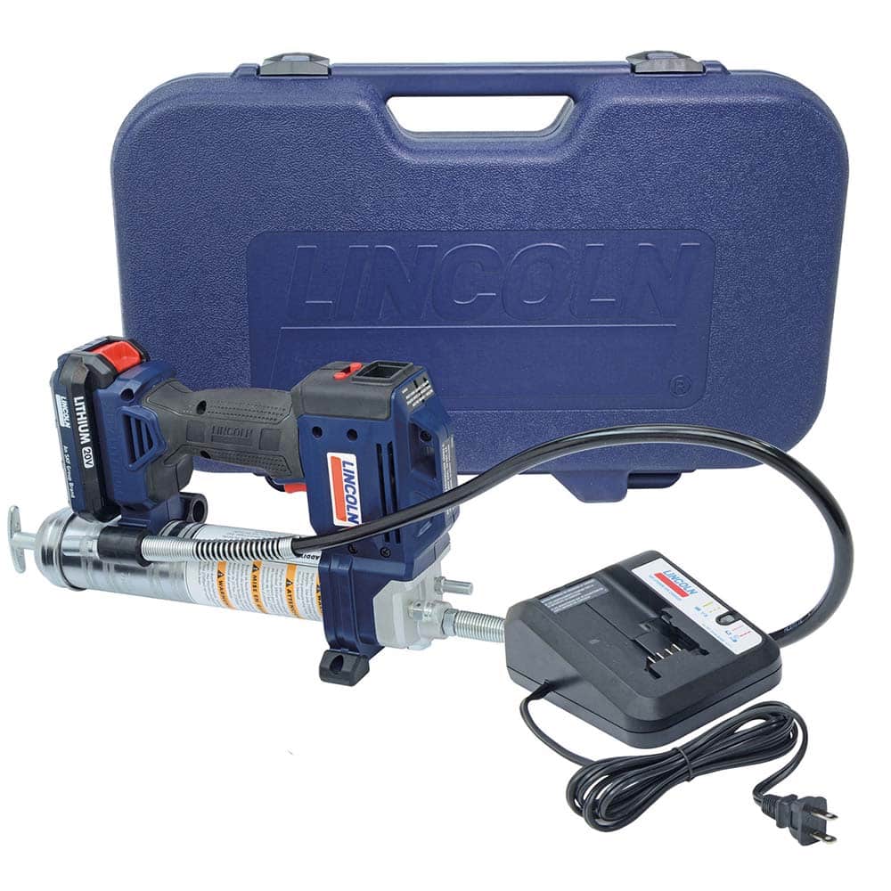 Lincoln - Grease Guns; Type: Battery-Operated Grease Gun ; Capacity (oz.): 14.50 ; Hose Length (Inch): 36 ; Rigid or Flexible Hose: Flexible ; Fill Type: Cartridge ; Continuous Flow Rate (oz./min): 3.50 - Exact Tooling