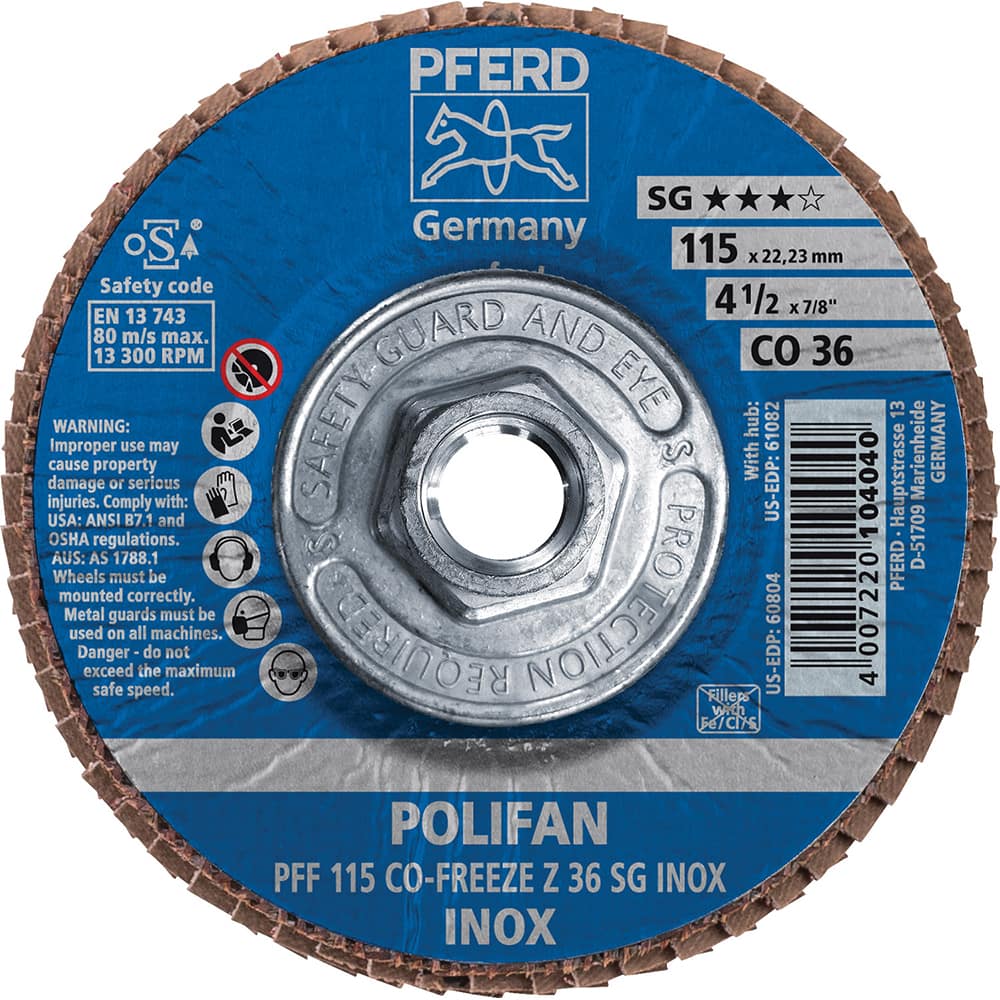 PFERD - Flap Discs; Abrasive Type: Coated ; Flap Disc Type: Type 27 ; Disc Diameter (Inch): 4-1/2 ; Abrasive Material: Ceramic Oxide ; Grit: 36 ; Attaching System: Threaded Hole - Exact Tooling