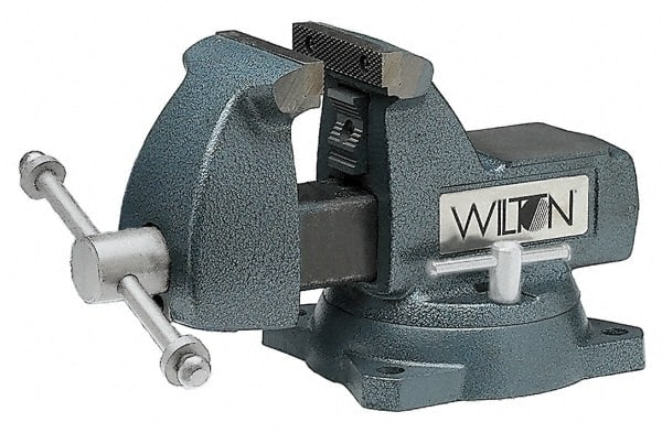 Wilton - 8" Jaw Width x 8-1/4" Jaw Opening Capacity, 4-3/4" Throat Depth, Bench & Pipe Combination Vise - 1/4 to 3-1/2" Pipe Capacity, Swivel Base, Bolt Down Attachment, Ductile Iron - Exact Tooling