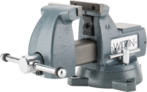 Wilton - 4" Jaw Width x 4-1/2" Jaw Opening Capacity, 3-7/16" Throat Depth, Bench & Pipe Combination Vise - 1/4 to 2" Pipe Capacity, Swivel Base, Bolt Down Attachment, Ductile Iron - Exact Tooling