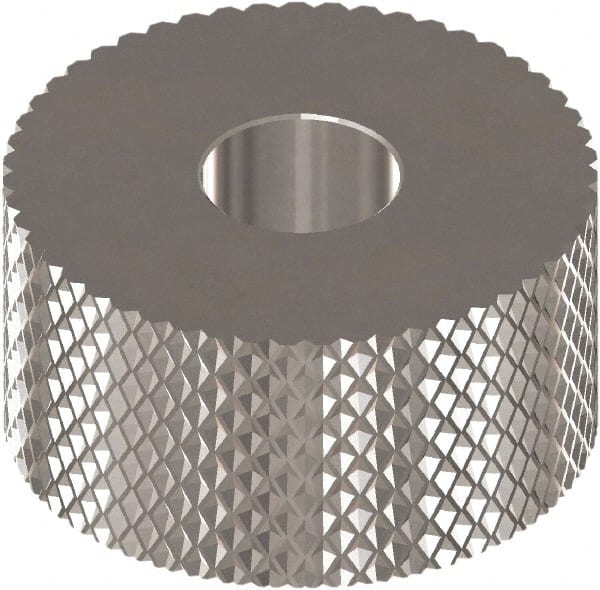 Made in USA - 1" Diam, 90° Tooth Angle, 30 TPI, Standard (Shape), Form Type High Speed Steel Female Diamond Knurl Wheel - 3/8" Face Width, 5/16" Hole, Circular Pitch, Bright Finish, Series OU - Exact Tooling