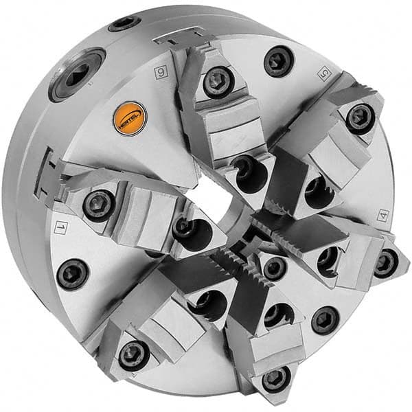 Self-Centering Manual Lathe Chuck: 6-Jaw, 12″ Dia Plain Back Mount, Adjustable, 1,500 Max RPM