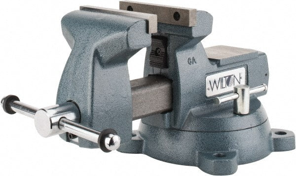 Wilton - 6" Jaw Width x 5-3/4" Jaw Opening Capacity, 4-1/8" Throat Depth, Bench & Pipe Combination Vise - 1/4 to 3-1/2" Pipe Capacity, Swivel Base, Bolt Down Attachment, Ductile Iron - Exact Tooling