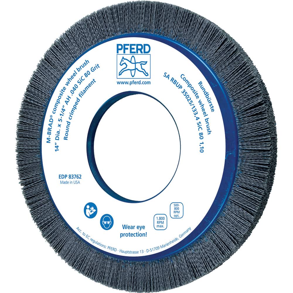PFERD - Wheel Brushes; Outside Diameter (Inch): 14 ; Wire Type: Crimped; Round ; Fill Material: Nylon ; Trim Length (Inch): 1-1/2 ; Filament Wire Diameter Range: 0.0300 & Above ; Maximum RPM: 1800.000 - Exact Tooling