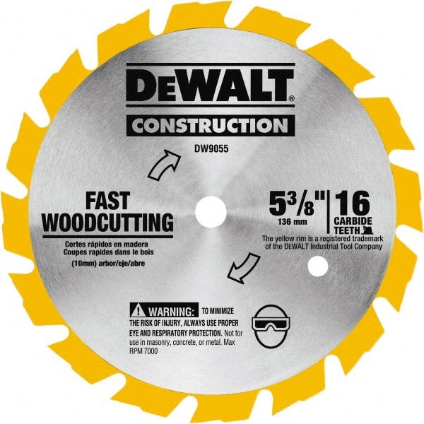 DeWALT - 5-3/8" Diam, 0.3937" Arbor Hole Diam, 16 Tooth Wet & Dry Cut Saw Blade - Tungsten Carbide-Tipped, Fast Cutting Action, Diamond Arbor - Exact Tooling