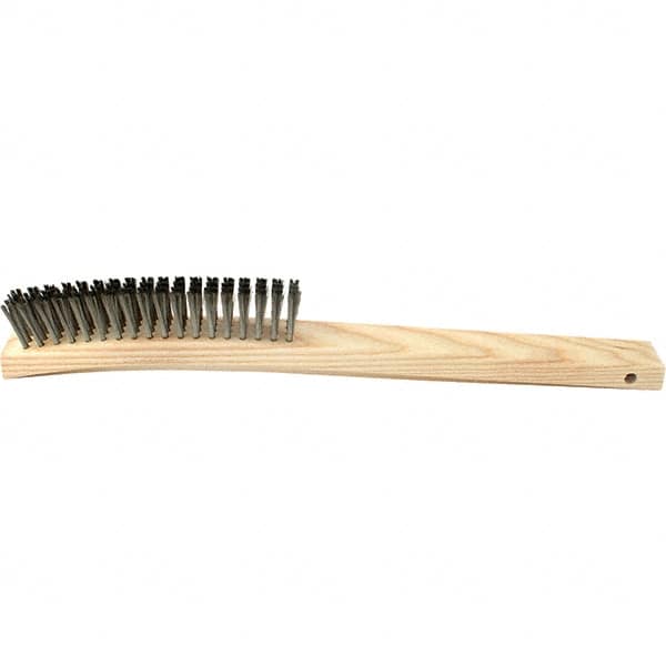 Brush Research Mfg. - 4 Rows x 19 Columns Stainless Steel Scratch Brush - 5-3/4" Brush Length, 14" OAL, 1 Trim Length, Wood Curved Back Handle - Exact Tooling