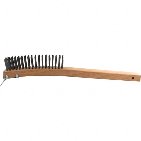 Brush Research Mfg. - 4 Rows x 19 Columns Steel Scratch Brush - 5-3/4" Brush Length, 14" OAL, 1-1/8 Trim Length, Wood Curved Back Handle - Exact Tooling