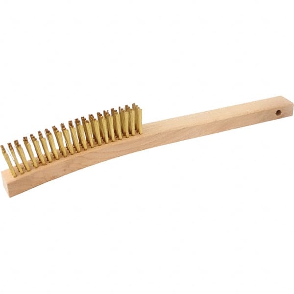 Brush Research Mfg. - 4 Rows x 19 Columns Brass Scratch Brush - 5-3/4" Brush Length, 13-3/4" OAL, 1-1/8 Trim Length, Wood Curved Back Handle - Exact Tooling