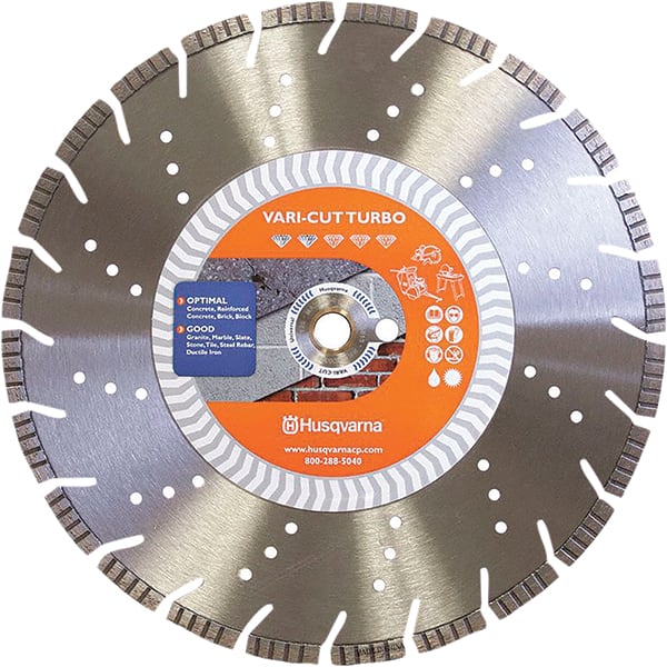 Husqvarna - 14" Diam, 25/32 & 1" Arbor Hole Diam, Continuous Edge Tooth Wet & Dry Cut Saw Blade - Diamond-Tipped, Fast Cutting Action, Standard Round Arbor - Exact Tooling