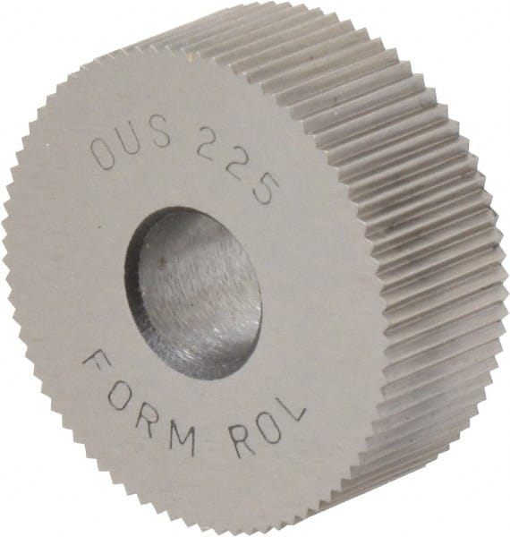 Made in USA - 1" Diam, 90° Tooth Angle, 25 TPI, Standard (Shape), Form Type High Speed Steel Straight Knurl Wheel - 3/8" Face Width, 5/16" Hole, Circular Pitch, Bright Finish, Series OU - Exact Tooling