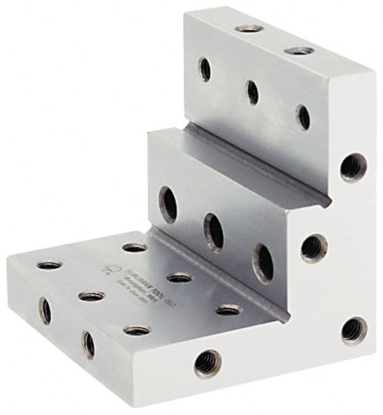 Suburban Tool - 3" Wide x 2-3/4" Deep x 3" High Steel Precision-Ground Angle Plate - Stepped Plate, Machined Holes on Surface, Open End, 9/16" Thick, Single Plate - Exact Tooling
