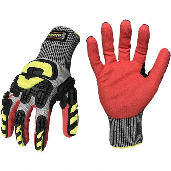 ironCLAD - Size XL (10), ANSI Cut Lvl A5, Puncture Lvl 4, Abrasion Lvl 4, Nitrile Coated Cut Resistant Gloves - 11" Long, Palm Coated, Unlined, Knit Wrist, Gray/Red, Paired - Exact Tooling