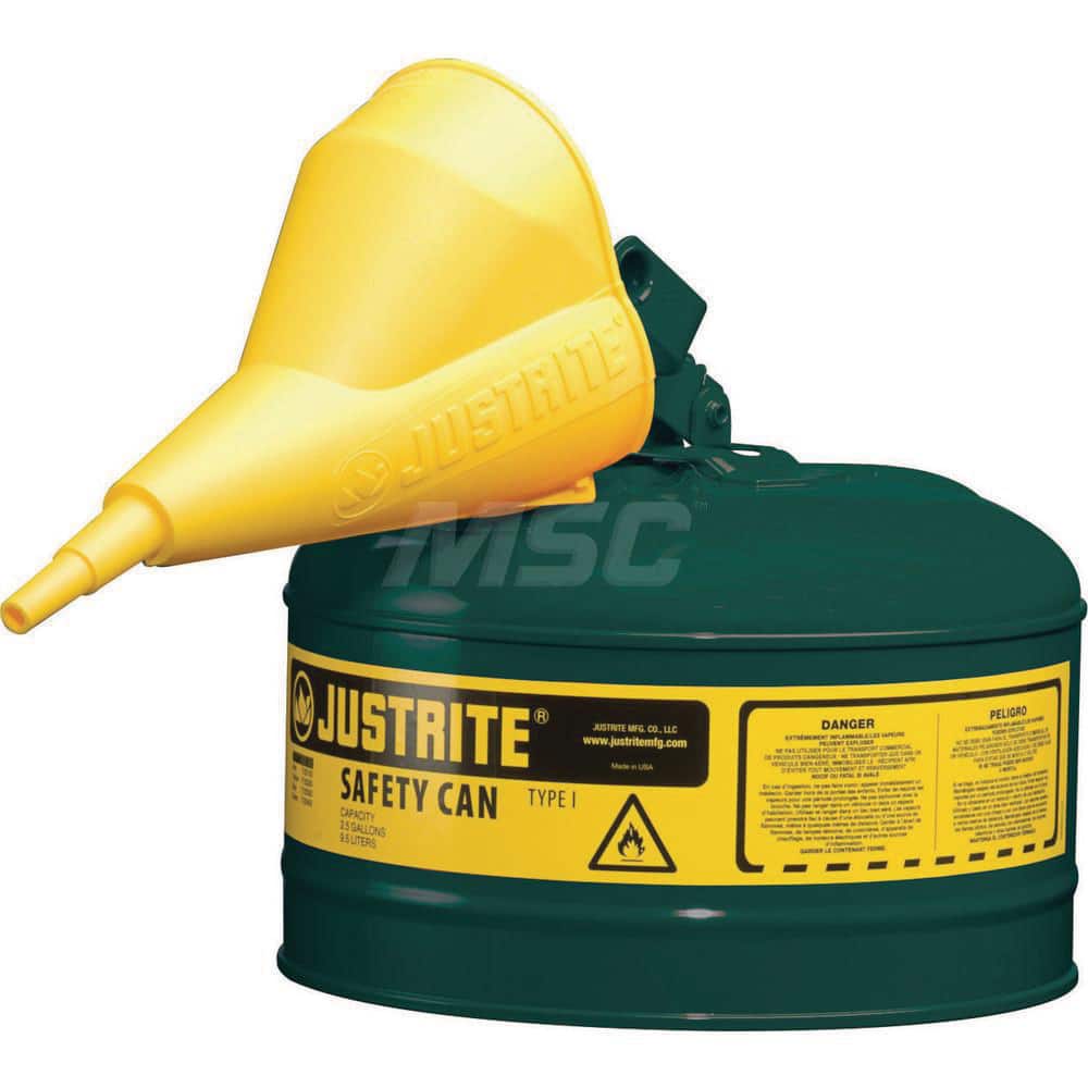 Justrite - Safety Dispensing Cans; Capacity: 2.5 Gal ; Material: Steel ; Color: Green ; Height (Decimal Inch): 11.500000 ; Diameter/Length (mm): 11.75 ; Approval Listing/Regulations: FM Approved; UL; ULC; TUV - Exact Tooling
