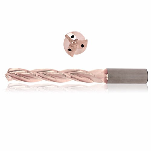 0.4375 mm Dia. × 12 mm Shank × 55 mm Flute Length × 102 mm OAL, 3xD, 130°, ZircoPlus, 3 Flute, Coolant Thru, h6, Cylindrical, Solid Carbide Drill - Exact Tooling