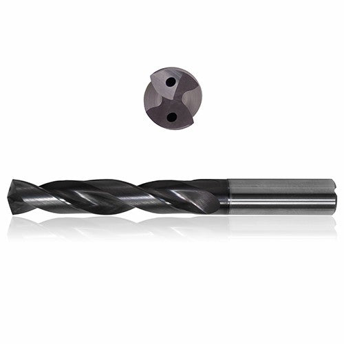 0.5625 mm Dia. × 16 mm Shank × 65 mm Flute Length × 115 mm OAL, 3xD, 140°, Sistral, 2 Flute, Coolant Thru, h6, Cylindrical, Solid Carbide Drill
